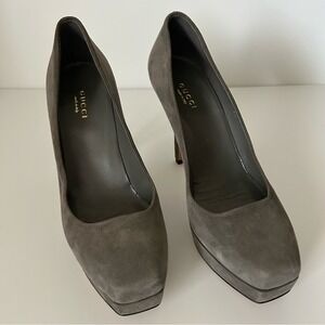 Gucci Gray Leather Square Toe Suede Platform Stiletto High Heel Pumps Size 37